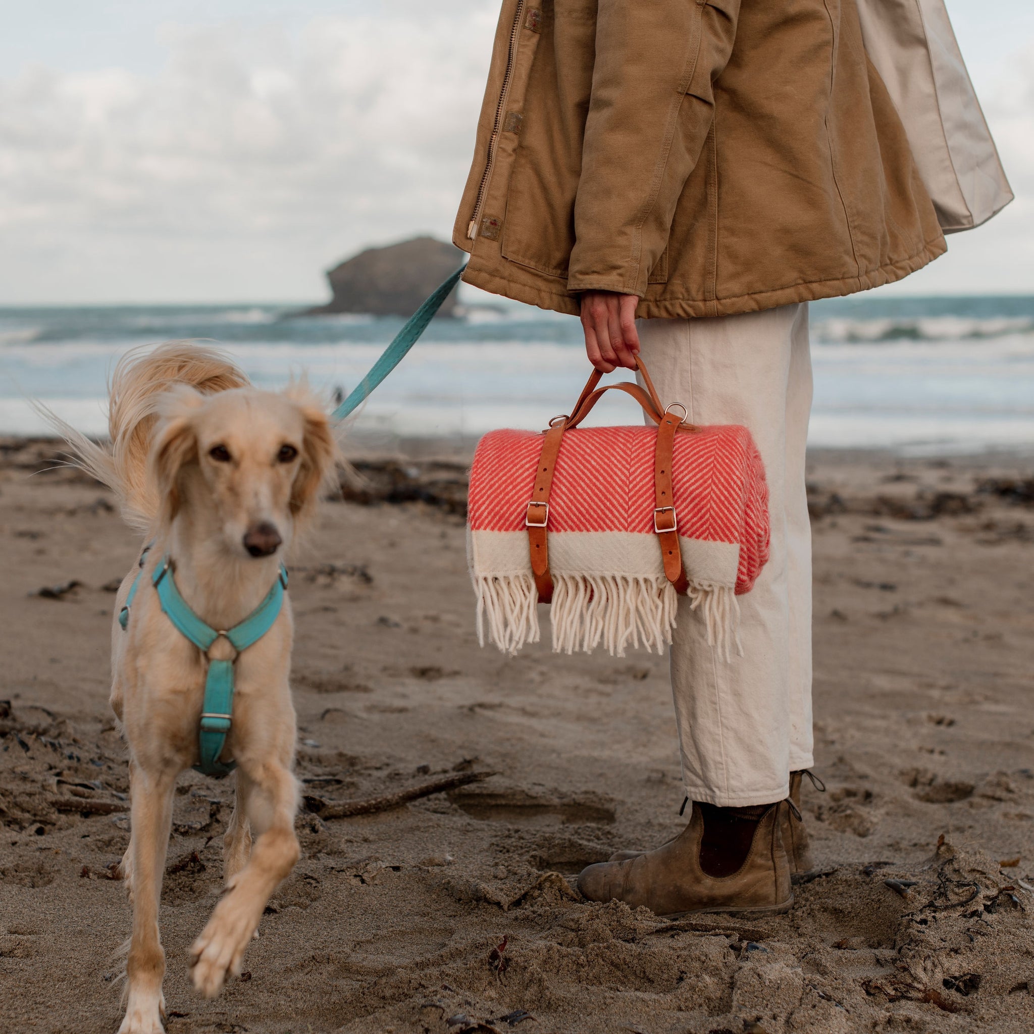 Wool Picnic Blanket with Leather Straps Coral Atlantic Blankets