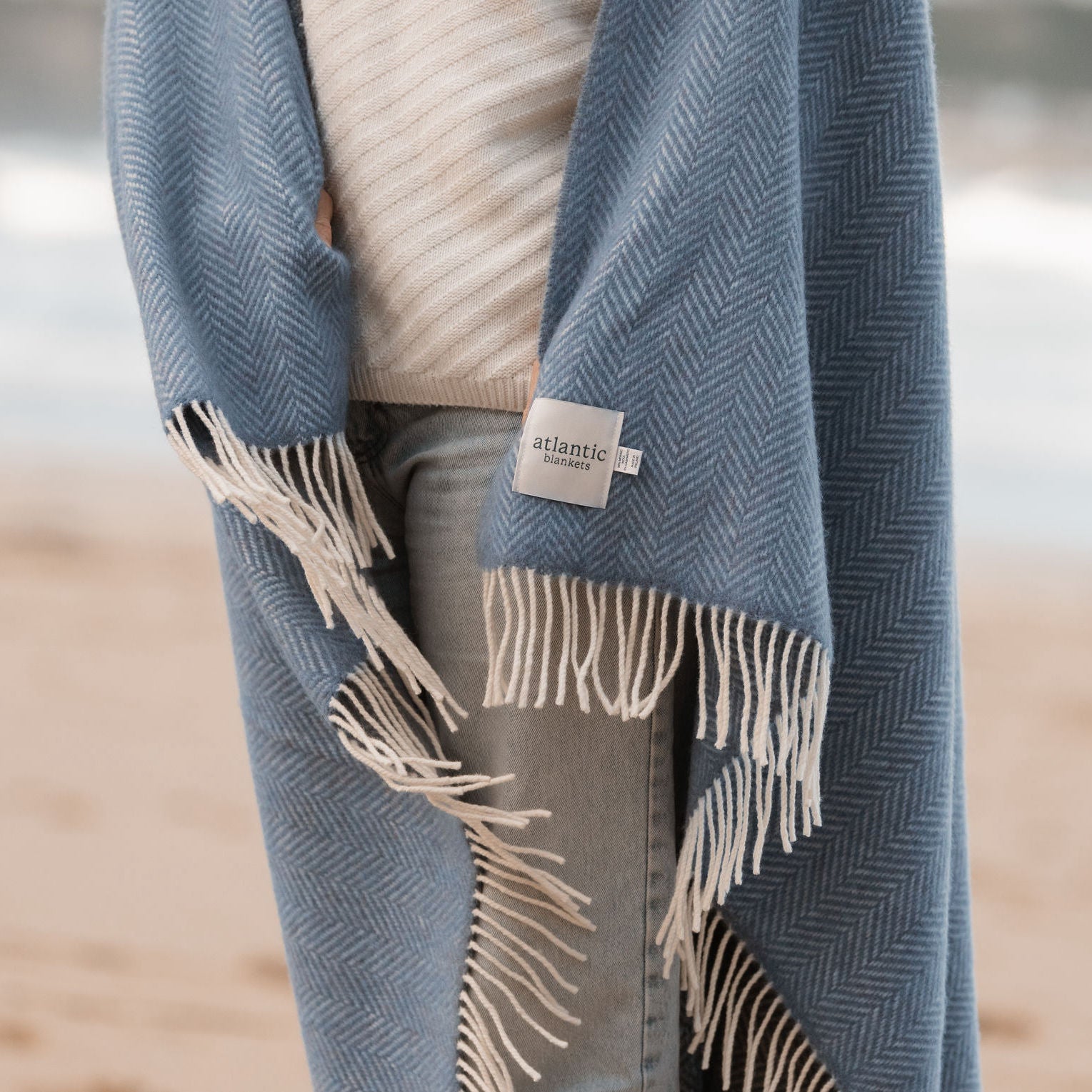 Cashmere Merino Blanket Wool Blanket Denim Herringbone