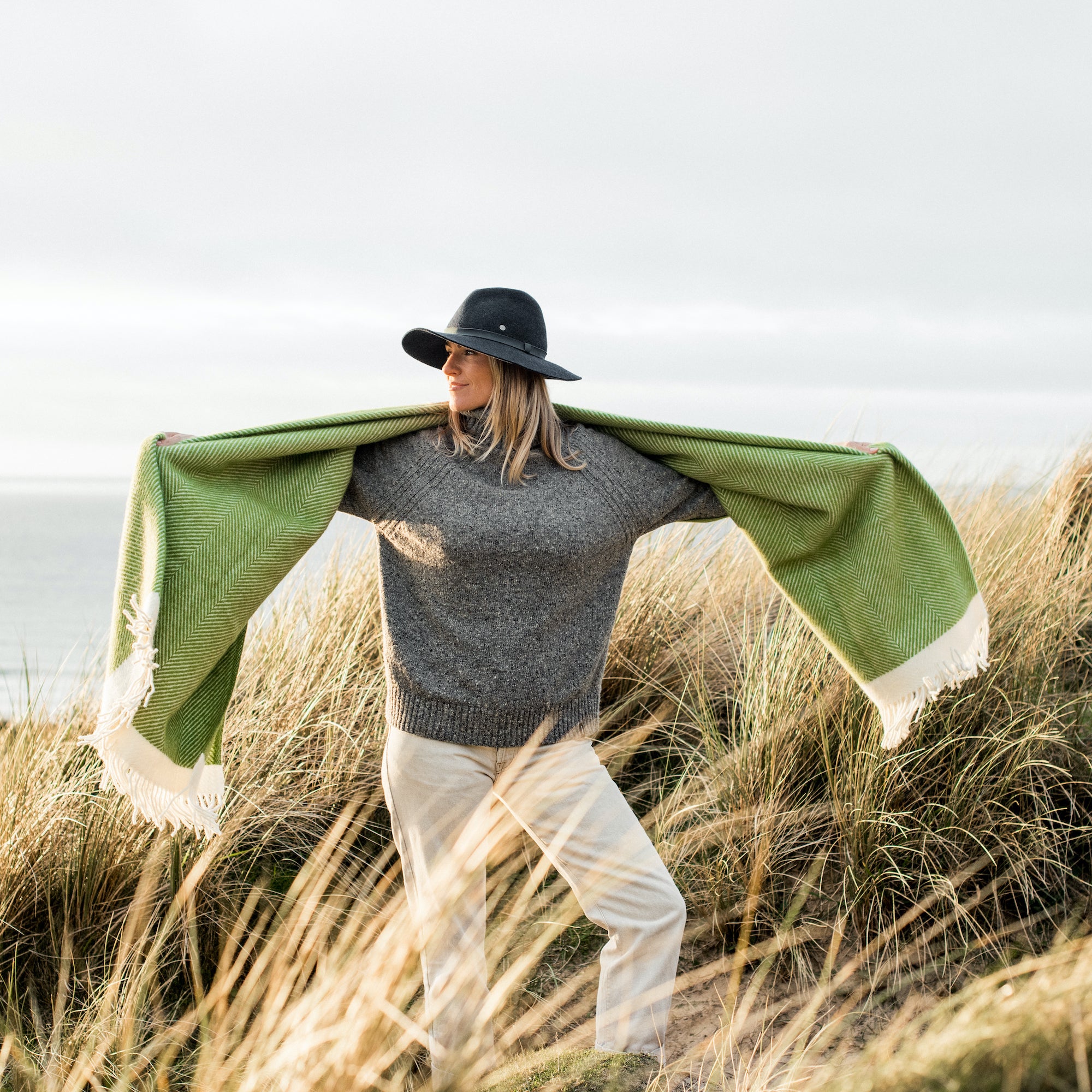 Wool Blanket | Kelp Green Herringbone | Atlantic Blankets